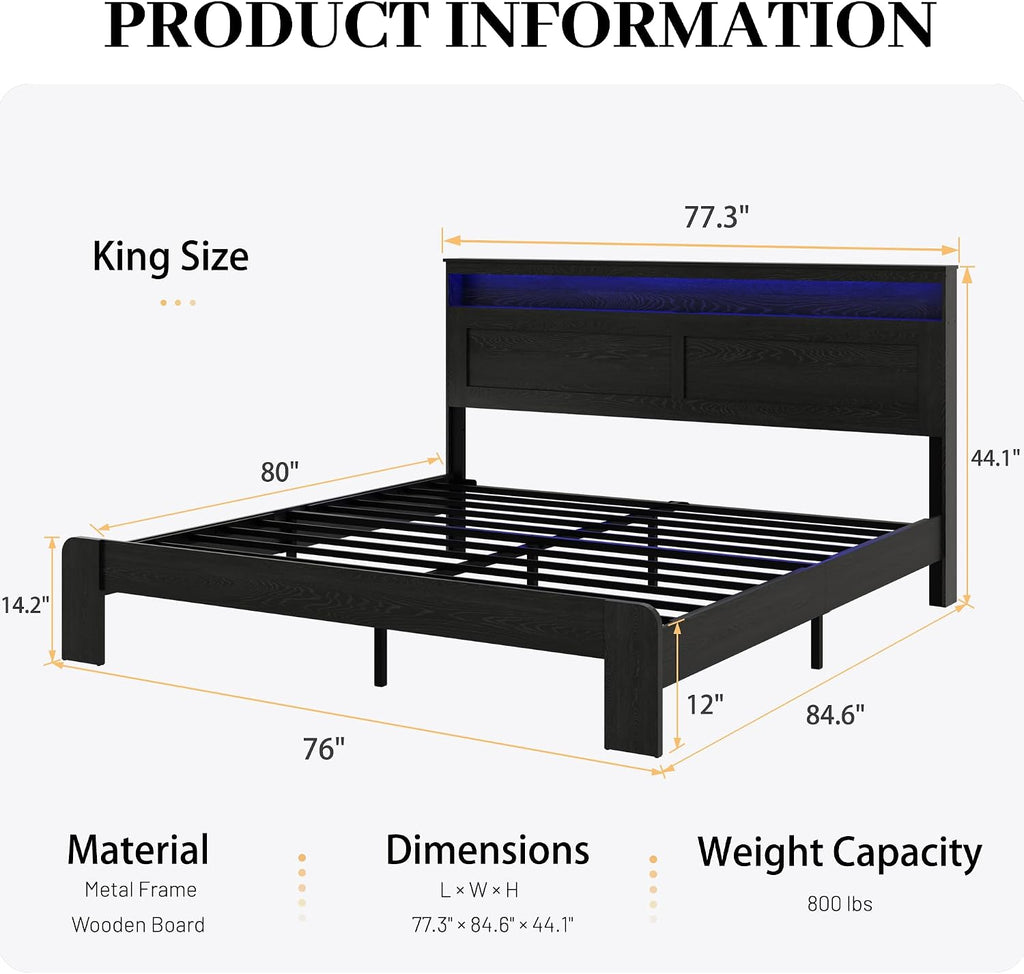 Wooden King Size Bed Frame with Headboard - Rustic Farmhouse Platform Bedframe with Metal Slat Support, Sturdy and No Noise, Easy Assembly (Rustic Black, King)