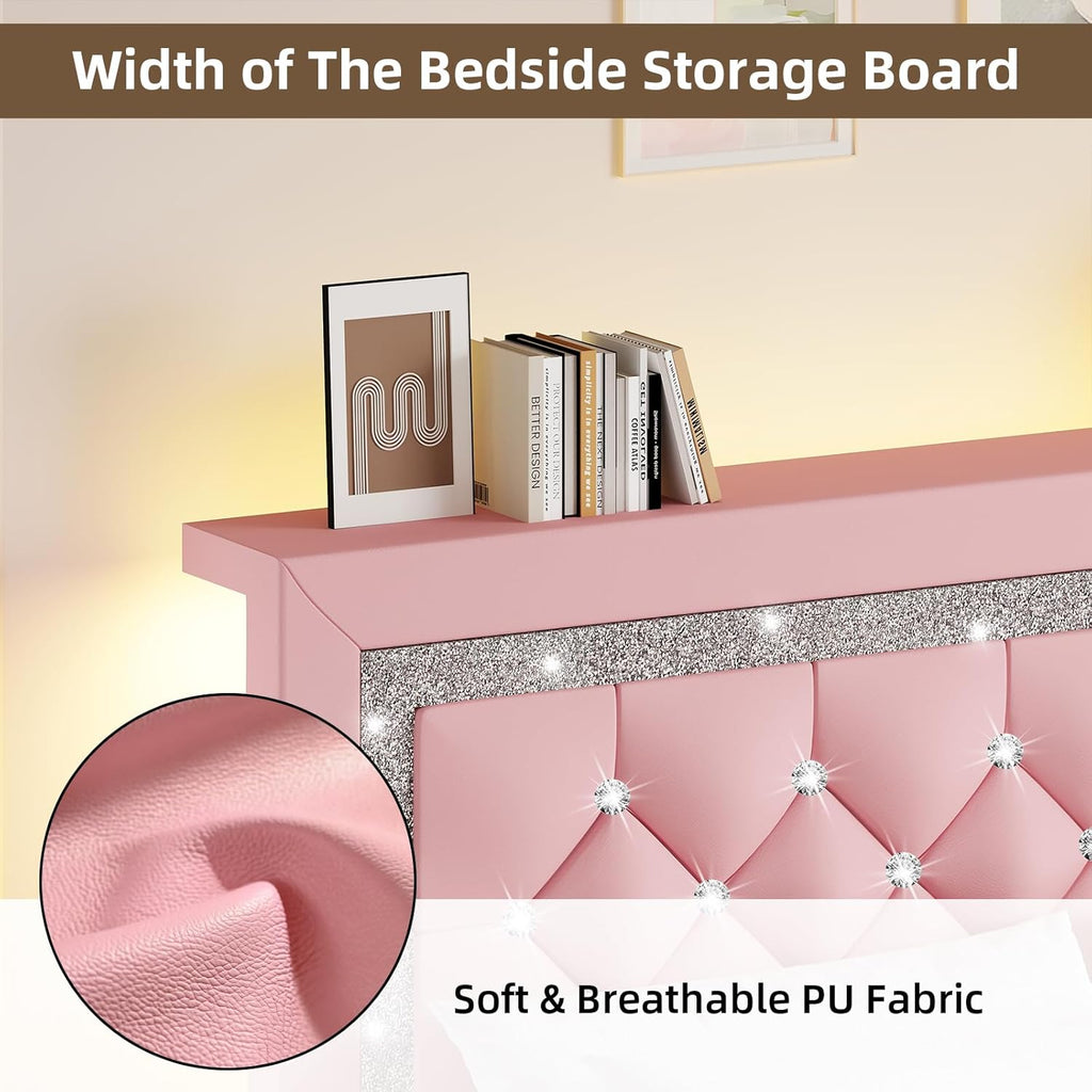 BarnFurin Queen Bed Frame with Storage Headboard, Bed Frame Queen Size with Diamond Tufted Headboard and LED Lights, Wooden Slats Support, Noise Free, No Box Spring Needed, Easy Assembly, Pink