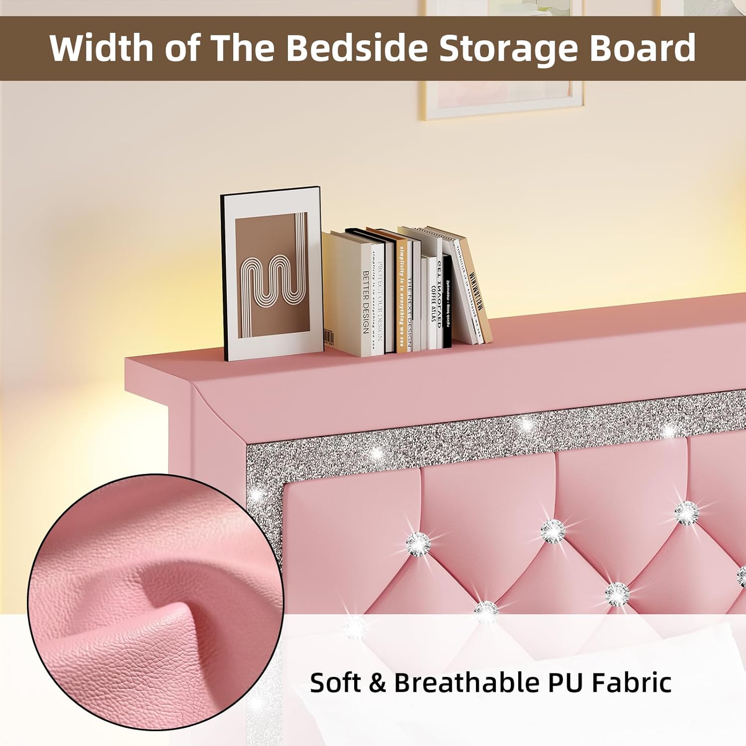 BarnFurin Queen Bed Frame with Storage Headboard, Bed Frame Queen Size with Diamond Tufted Headboard and LED Lights, Wooden Slats Support, Noise Free, No Box Spring Needed, Easy Assembly, Pink