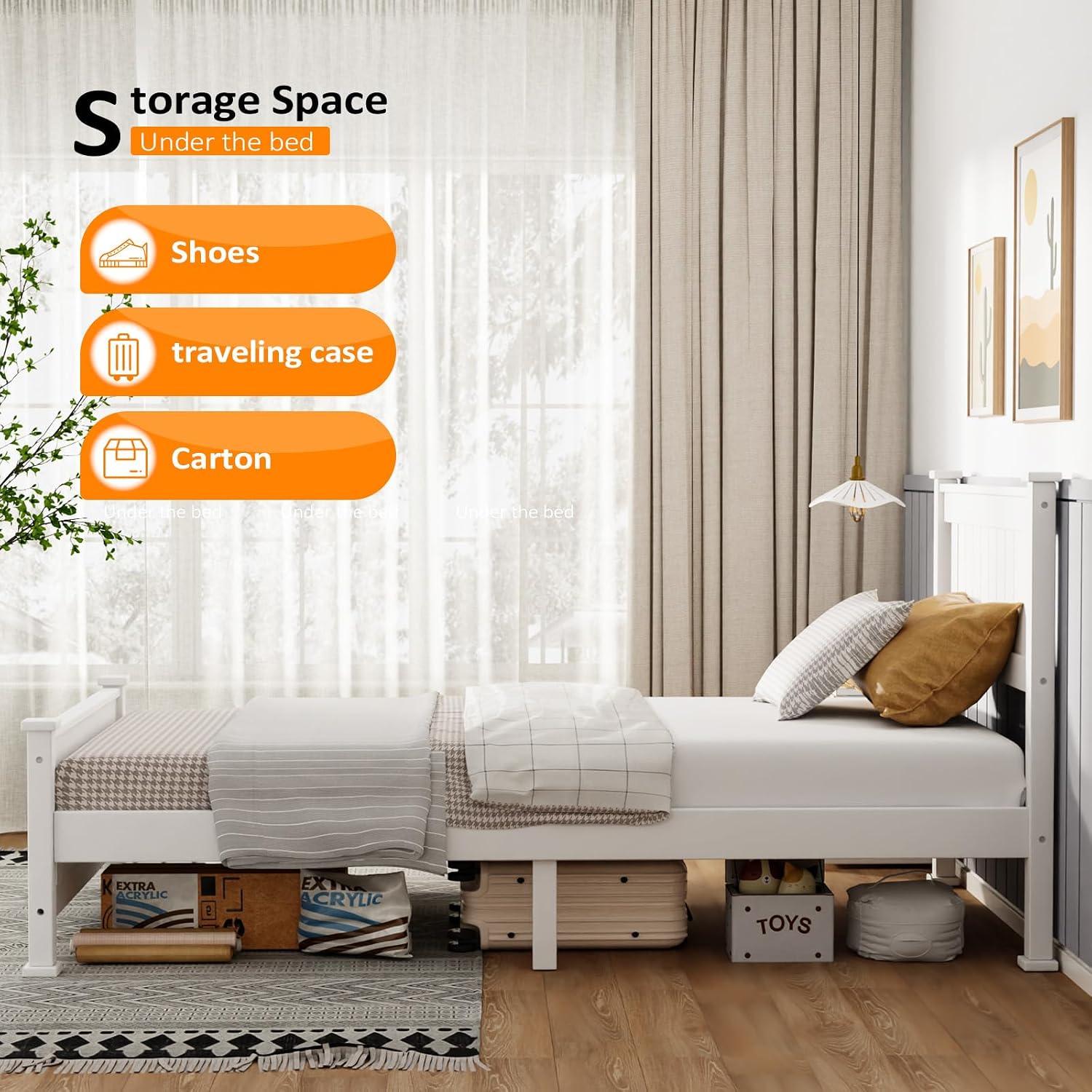 VINGLI Twin Bed Frame Set of 2 Solid Wood Platform Bed Frame, Single Bed with Headboard, No Box Spring Needed Panel Bed, Wood Slat Support Mattress Foundation, White