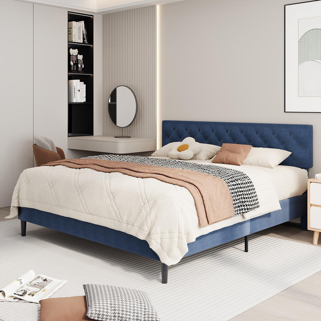 BarnFurin King Size Bed Frame, Upholstered Platform Bed Frame King with Button Tufted Headboard, Wooden Slats Support, No Box Spring Required, Easy Assembly, Navy Blue