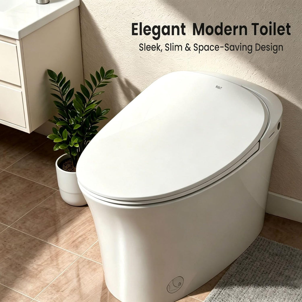 R&T C2 Smart Toilet with Tank, One-Piece Bidet Toilet, Blackout Flush, Auto Open & Flush, Foot Sensor, Remote Control, Heated Seat, Warm Water, Air Dryer, Night Light & Deodorizer