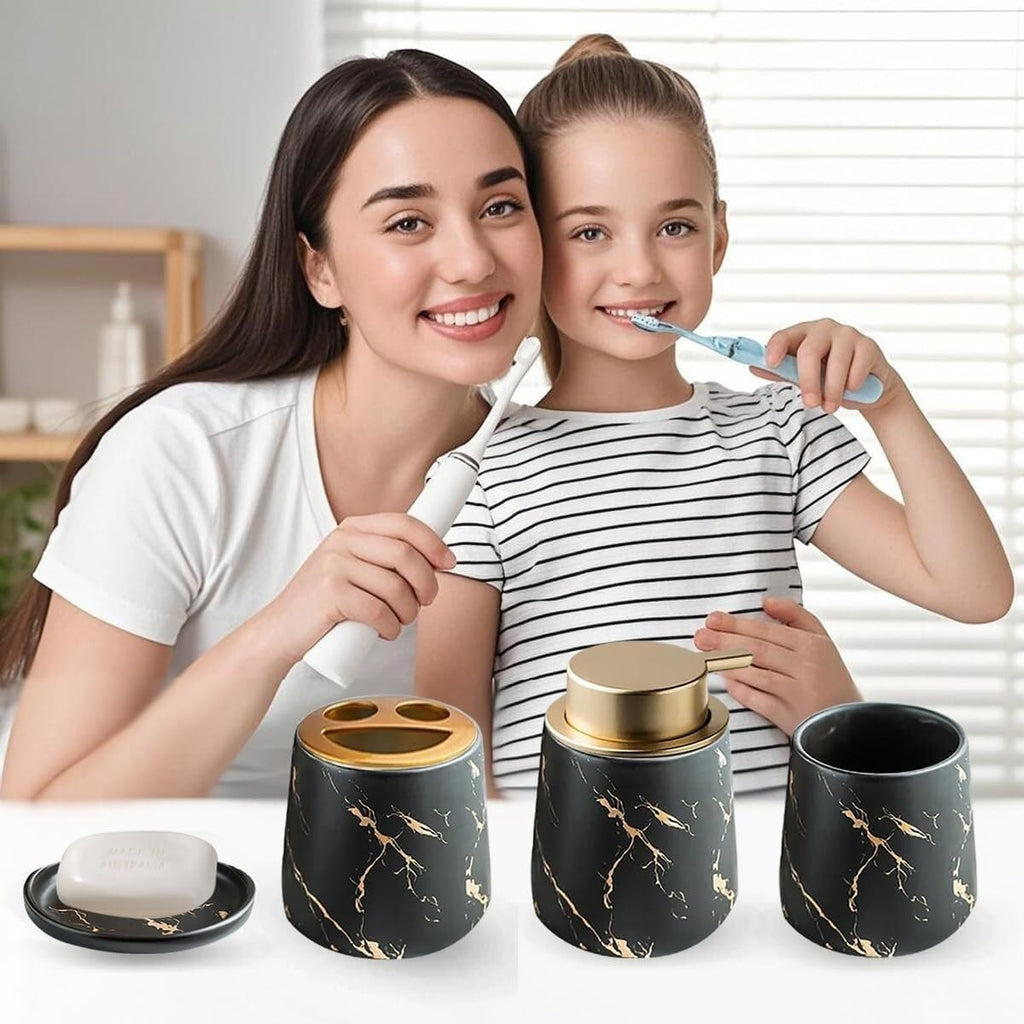 Bathroom Accessories Set Ceramic Bathroom Accessory Set Plant Patterns Accessories with Soap Dispenser Dish Tumbler for Home Decor Victorian(4 Piece Set-Black)