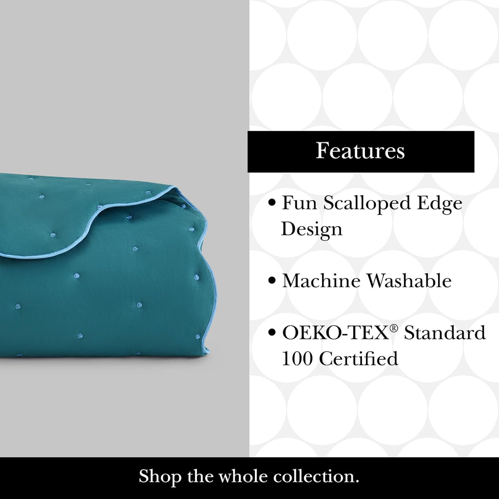 kate spade new york Scalloped Edge 3-Piece King Quilt Bedding Set, 100% Cotton Voile Reversible Cover, All Season Bedding, Machine Washable, Blue Spruce