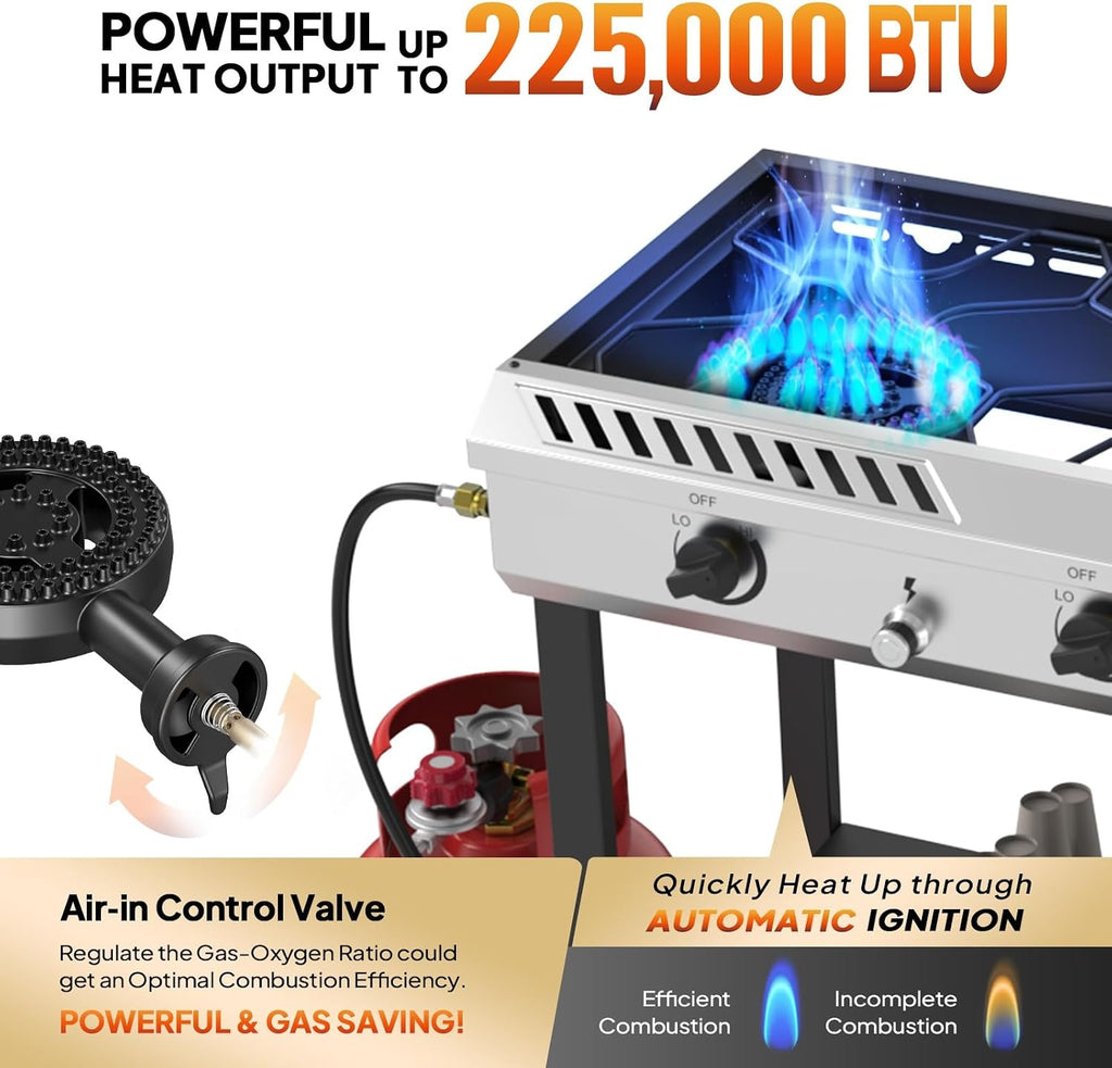 Bonnlo 3 Burner Propane Stove with Inginition, 225000BTU Gas Stove with Storage Shelf and Portable Rolling Wheels, Gas Burner for Outdoor Camping Patio Backyard Cooking Boiling Frying Stewing