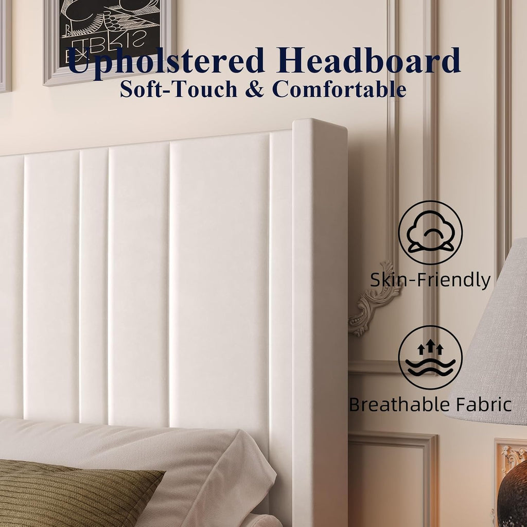 HOMBCK King Size Bed Frame, King Bed Frame with Vertical Channel Tufted Wingback Headboard & Footboard, Soft Upholstered Bed, Noise Free, Easy Assembly, Off White