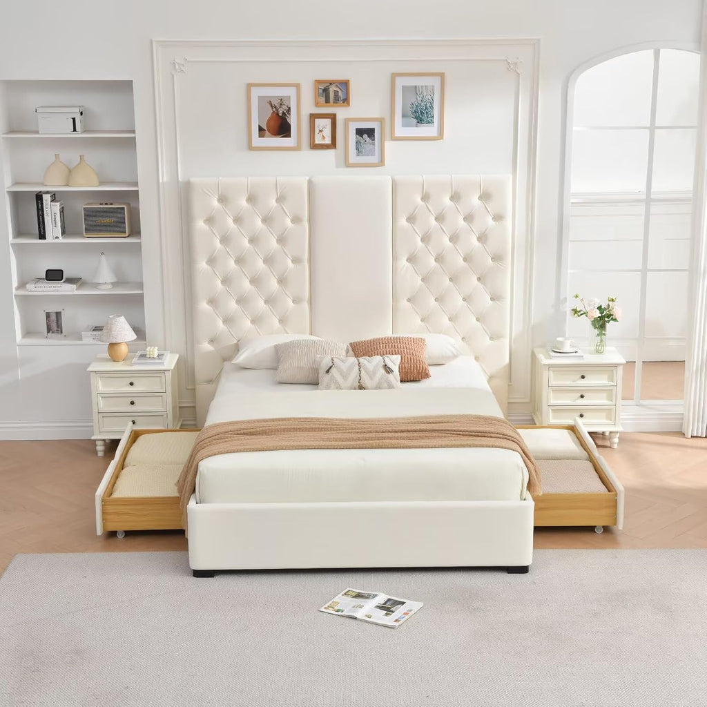 Queen Size Bed Frame with 63' Tall Headboard, Velvet Fabric Upholstered Platform Bed with 2 Large Storage Drawers, Deep Button Tufted, Wooden Slats, Easy Assembly, No Box Spring Needed, Cream