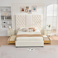 Queen Size Bed Frame with 63' Tall Headboard, Velvet Fabric Upholstered Platform Bed with 2 Large Storage Drawers, Deep Button Tufted, Wooden Slats, Easy Assembly, No Box Spring Needed, Cream