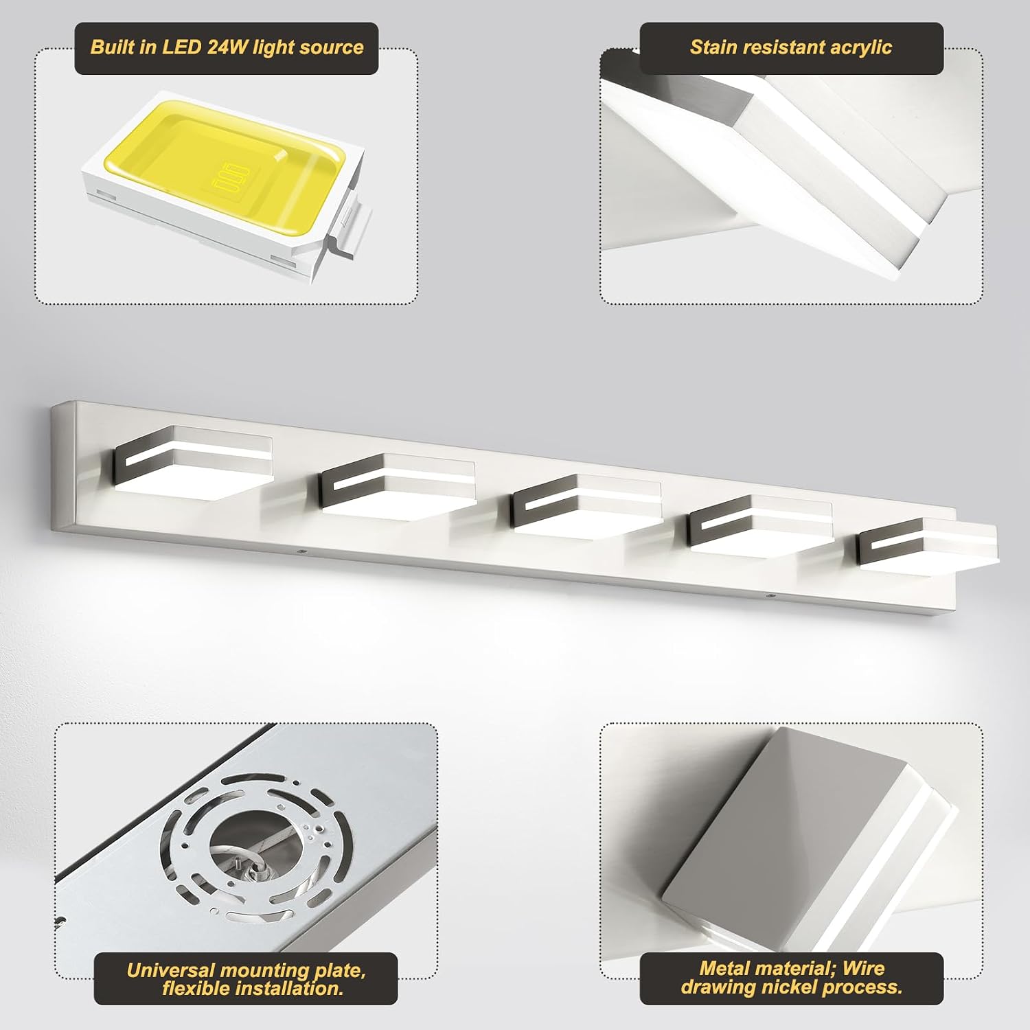 OKELI 5 Light Bathroom Vanity Light Brushed Nickel Modern 36W LED Dimmable Vanity Light Over Mirror 350° Adjustable Lamp Head Cold White 6000K ETL Listed 36.2Inch