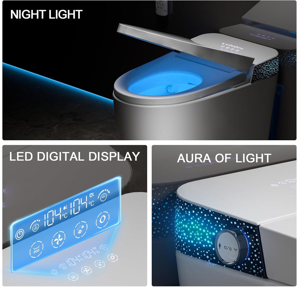 Smart Toilet with Bidet Built in, One Piece Toilet with Auto Soft Open&Close Lid&Seat, Foot Sensor, Auto Flush, Heated Seat, Warm Water&Dry, Night Light, Elongated Tankless Design Toilet for Bathroom
