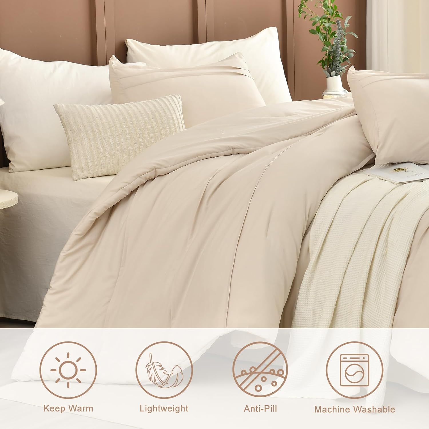Masaca Oversized King Comforter 128'x120',Solid Color Pinch Pleated Extra Large King Comforter Set,3 Pieces Soft Textured Wheat Bedding Comforter Set Ultra Soft