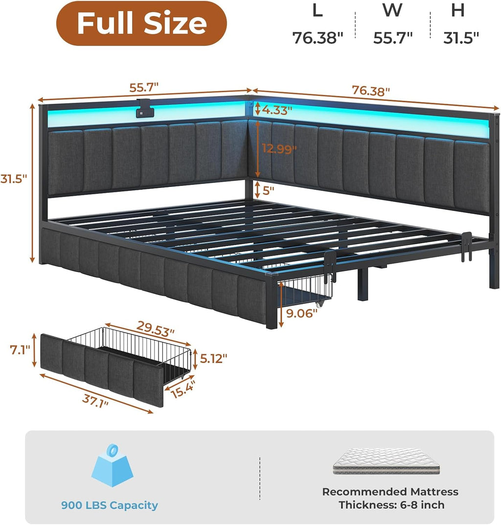 DICTAC Corner Full Bed Frame with 2 Storage Drawers and Charging Station Full Size Platform Bed Frame with Led Lights and Upholstered Guardrail Full Size Daybed for Teen/Adult with Storage,Gray
