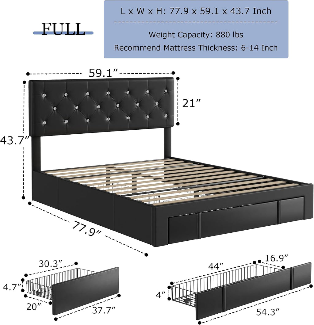 VECELO Full Size Bed Frame with 3 Storage Drawers, Leather Upholstered with Diamond Tufted Headboard, Solid Wood Slat Support & Steel Framework, Black