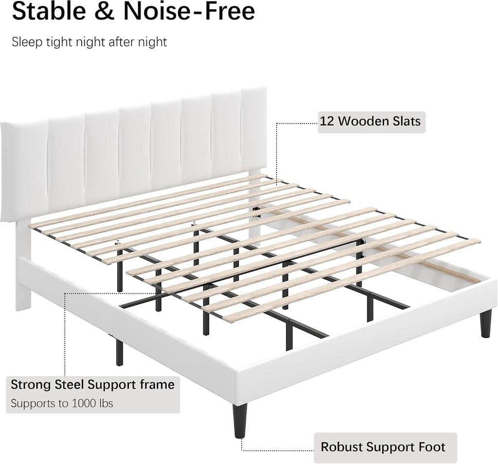 VECELO King Size Bed Frame with Upholstered Headboard, Heavy-Duty Bedframe with Strong Wooden Slats Support, No Boxing Spring Needed, Pure White