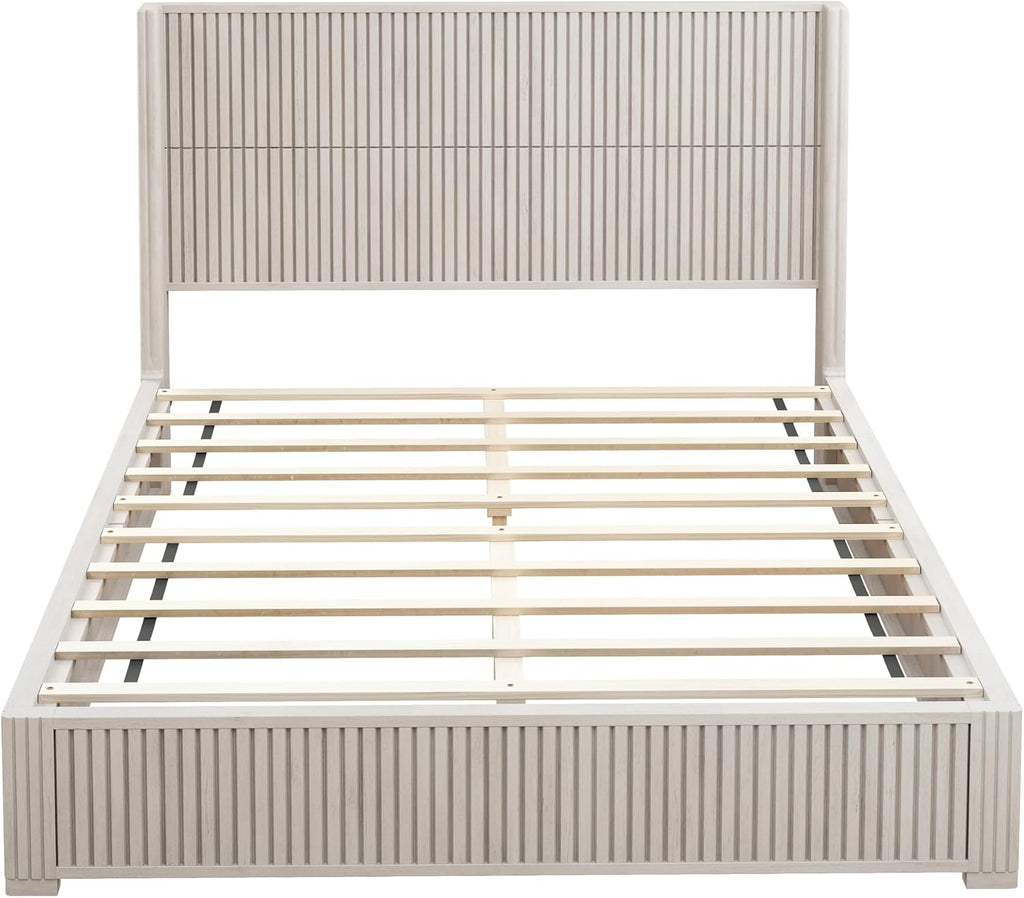 Queen Size Solid Wood Platform Bed Frame with wingback Headboard, Wood Platform Bed Frame Low Profile with 64.49' Headboard, Solid Wood Leg/No Box Spring Needed/Noise Free/Beige