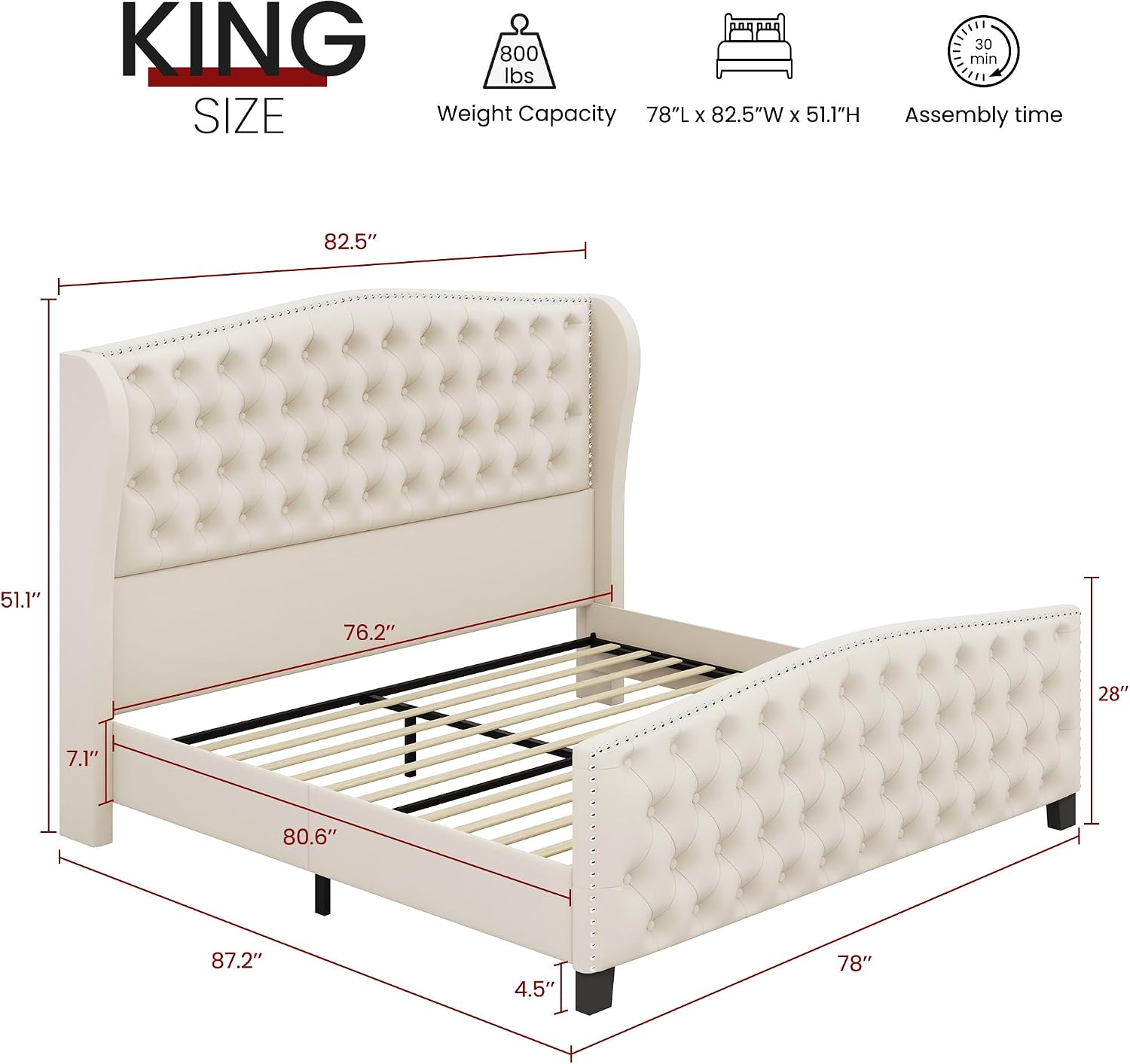 BRELTAM Upholstered King Size Bed Frame Velvet Beige Tufted Platform Bed Frame with Wingback Headboard & Footboard, with Deep Button Tufted & Nailhead Wooden Slats Support, No Box Spring Needed