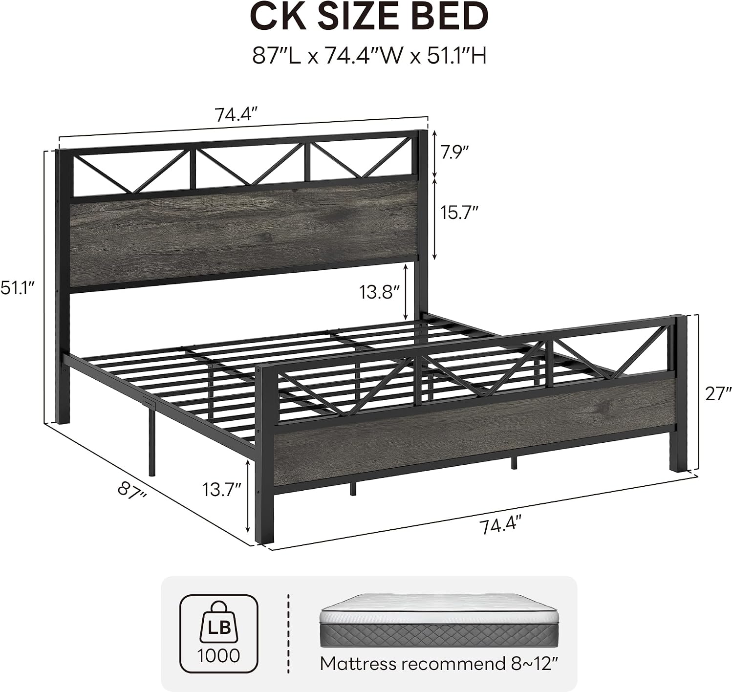 LIKIMIO California King Bed Frame, Tall Industrial Headboard 51.1 ', Platform Bed Frame with Strong Metal Support, Solid and Stable, Noise Free, No Box Spring Needed, Easy Assembly, Charcoal Grey
