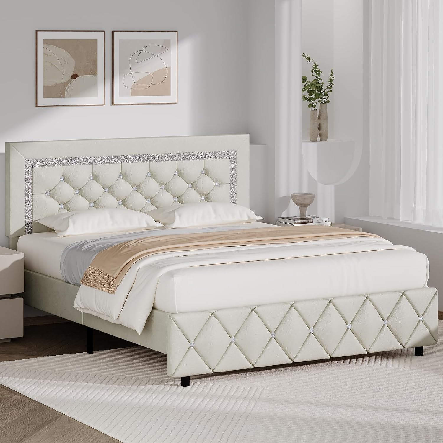 BarnFurin Queen Bed Frame with Diamond Tufted Headboard, Faux Leather Upholstered Bed with Wooden Slats Support, No Box Spring Needed, Mattress Foundation, Easy Assembly, Cream