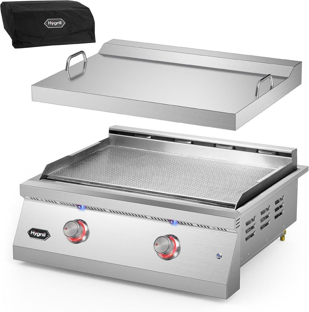 Hygrill 30-Inch Premium Built-In Liquid Propane Griddle for Outdoor Kitchen, Durable Stainless Steel 2-Burner Flat Top Grill with Lid and LED lights, 36000 BTUs