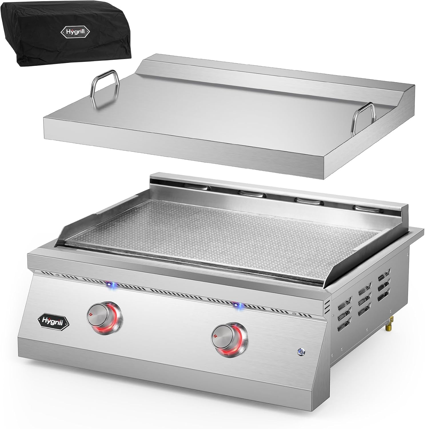 Hygrill 30-Inch Premium Built-In Liquid Propane Griddle for Outdoor Kitchen, Durable Stainless Steel 2-Burner Flat Top Grill with Lid and LED lights, 36000 BTUs