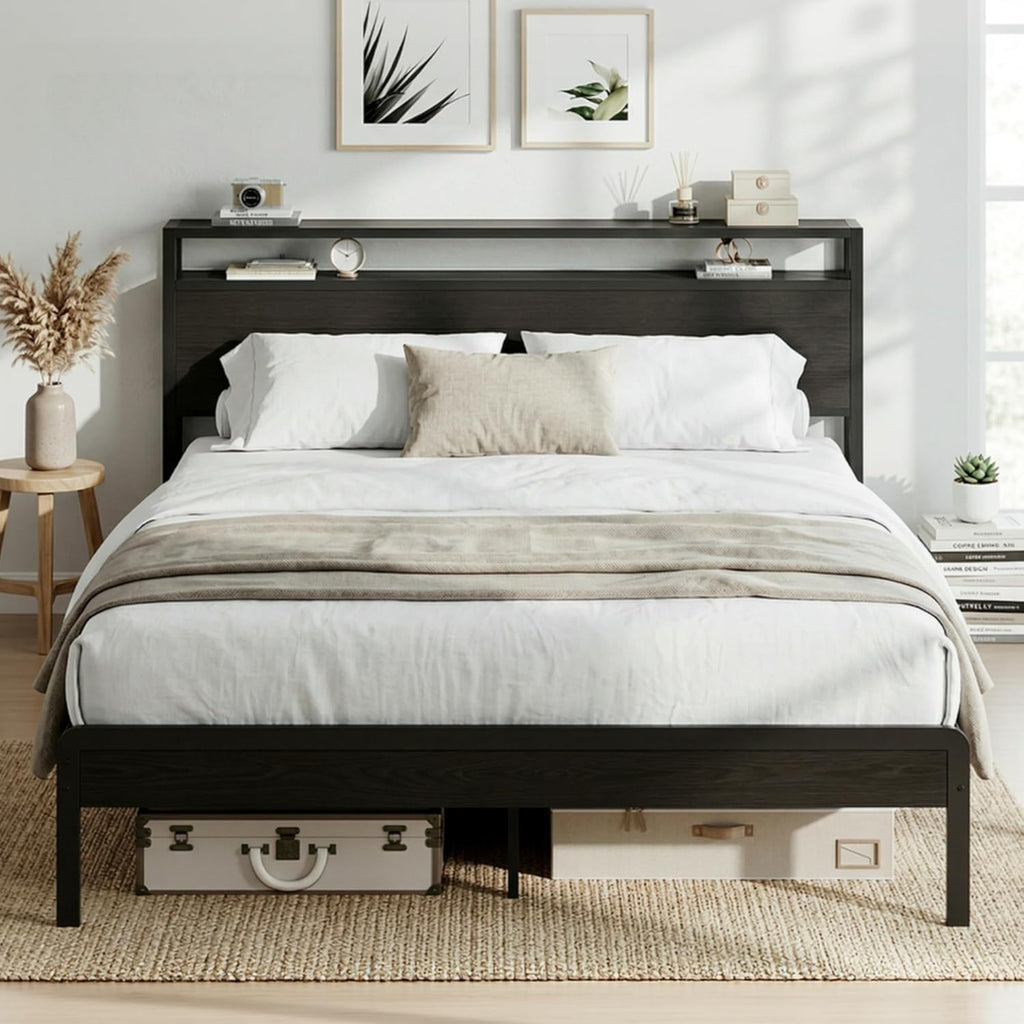 LIKIMIO Full Bed Frame with Headboard, Dark Wood Camas Full with Strong Supports, Sturdy, Noise-Free, No Box Spring Needed, Classic Black