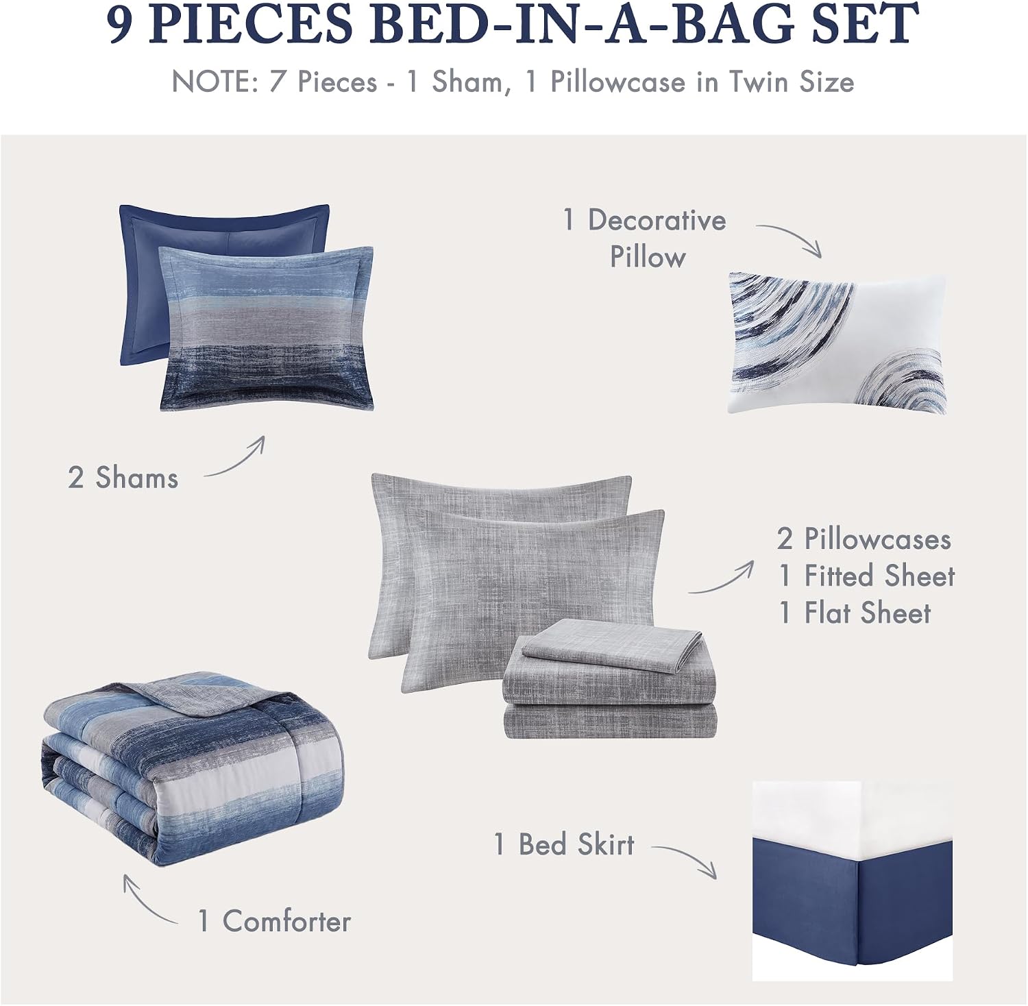 Madison Park Essentials King Comforter Set, Bed in a Bag, Watercolor Print Coastal Comforter & Chambray Cotton Sheet Set, All Season Bedding Set, Saben, Navy King (104 in x 92 in) 9 Piece