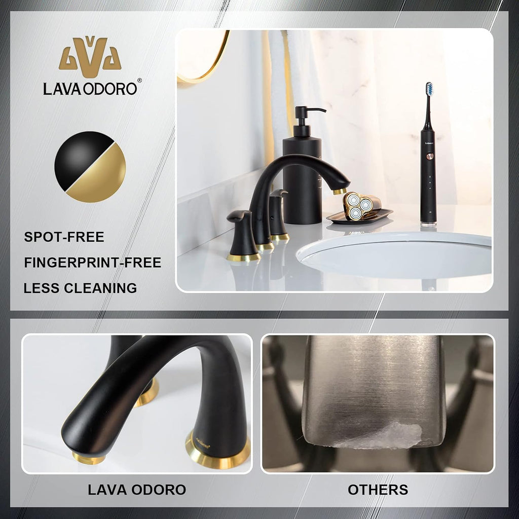 Black and Gold Bathroom Faucet 3 Hole, Lava Odoro 8 inch Widespread Bathroom Faucet 2 Handle Bathroom Sink Faucet Vanity Faucet with Drain Assembly Supply Line, BF405-GB