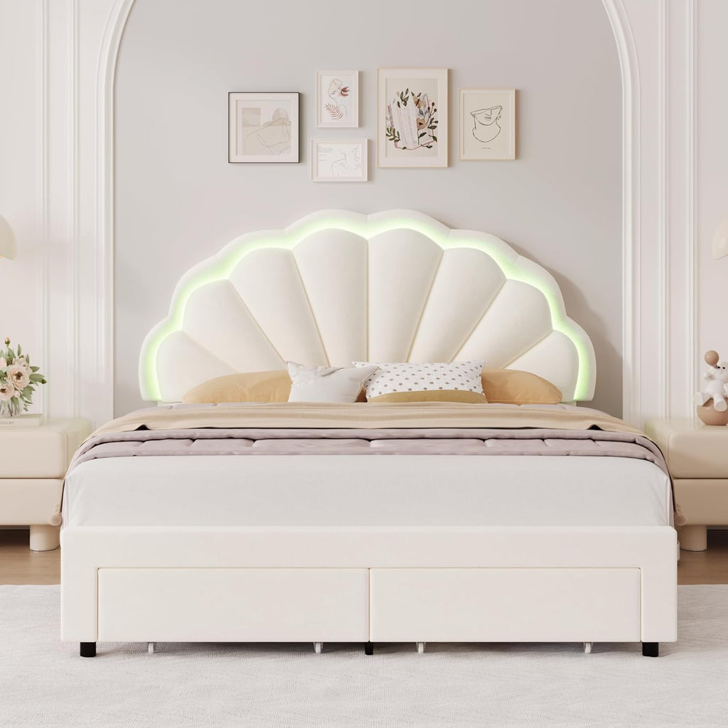 HIFIT Full Upholstered LED Bed Frame with 2 Storage Drawers and Adjustable Chic Double Petal Headboard, Soft Velvet Princess Platform Bed for Girls, Solid Wood Slat Support/No Box Spring Needed, Beige