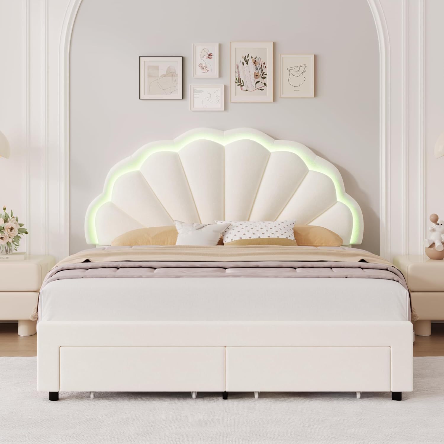 HIFIT Full Upholstered LED Bed Frame with 2 Storage Drawers and Adjustable Chic Double Petal Headboard, Soft Velvet Princess Platform Bed for Girls, Solid Wood Slat Support/No Box Spring Needed, Beige