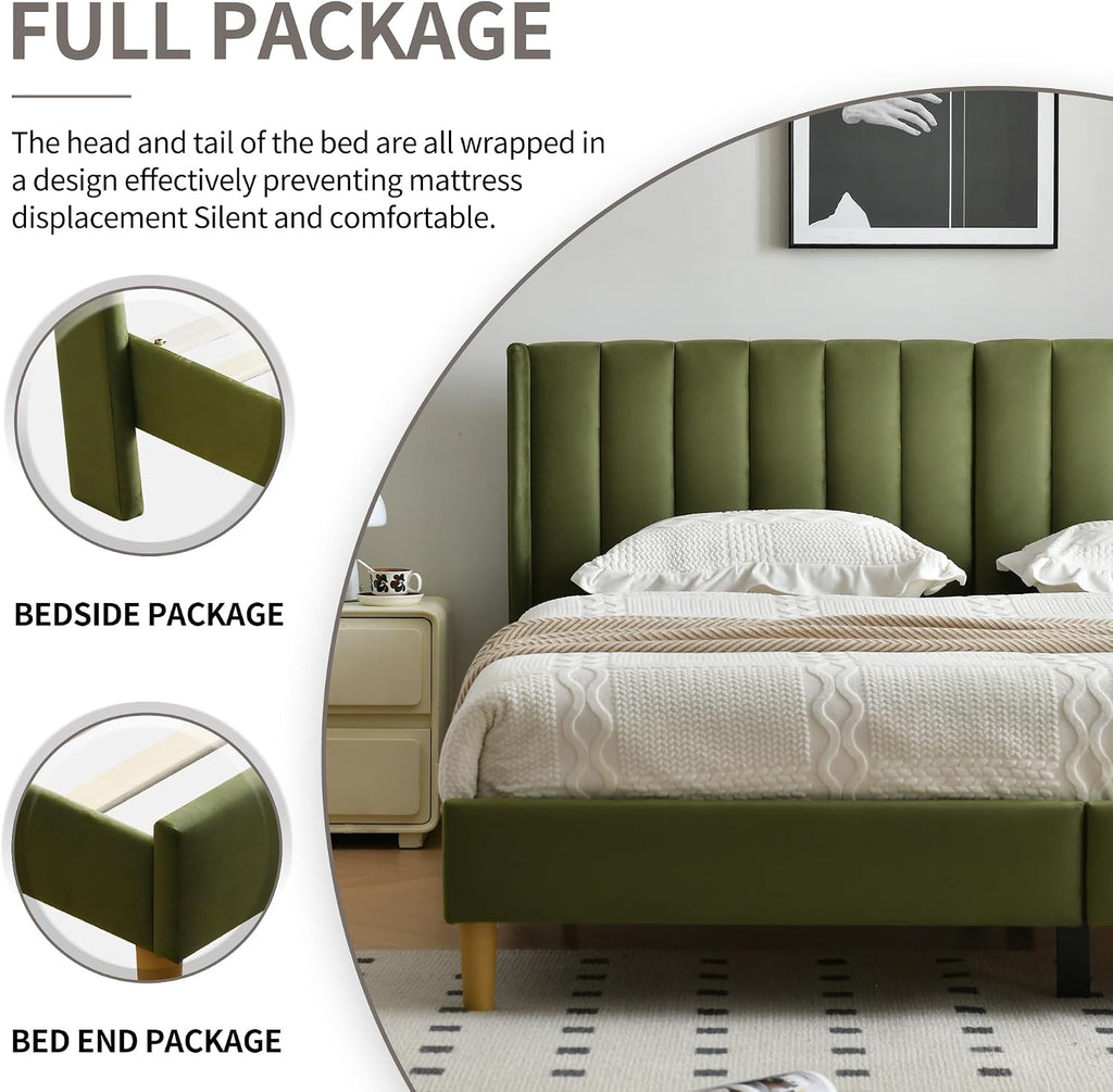 YUHUASHI upholstered Platform Bed Frame/King Bed Frame/Modern Geometric Double-Wing Design headboard/Velvet Fabric/Easy to Assemble no Noise (Grass Green, King (U.S. Standard))