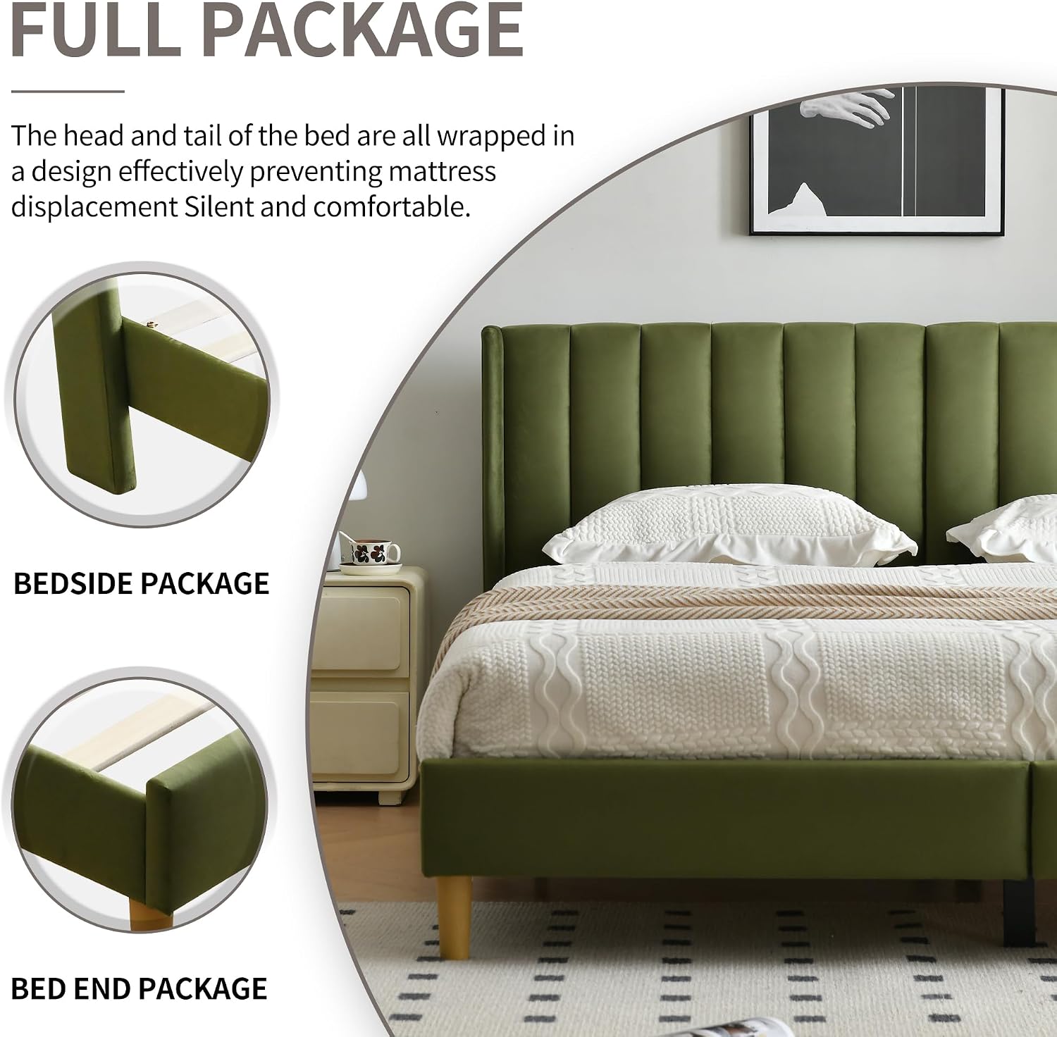 YUHUASHI upholstered Platform Bed Frame/King Bed Frame/Modern Geometric Double-Wing Design headboard/Velvet Fabric/Easy to Assemble no Noise (Grass Green, King (U.S. Standard))