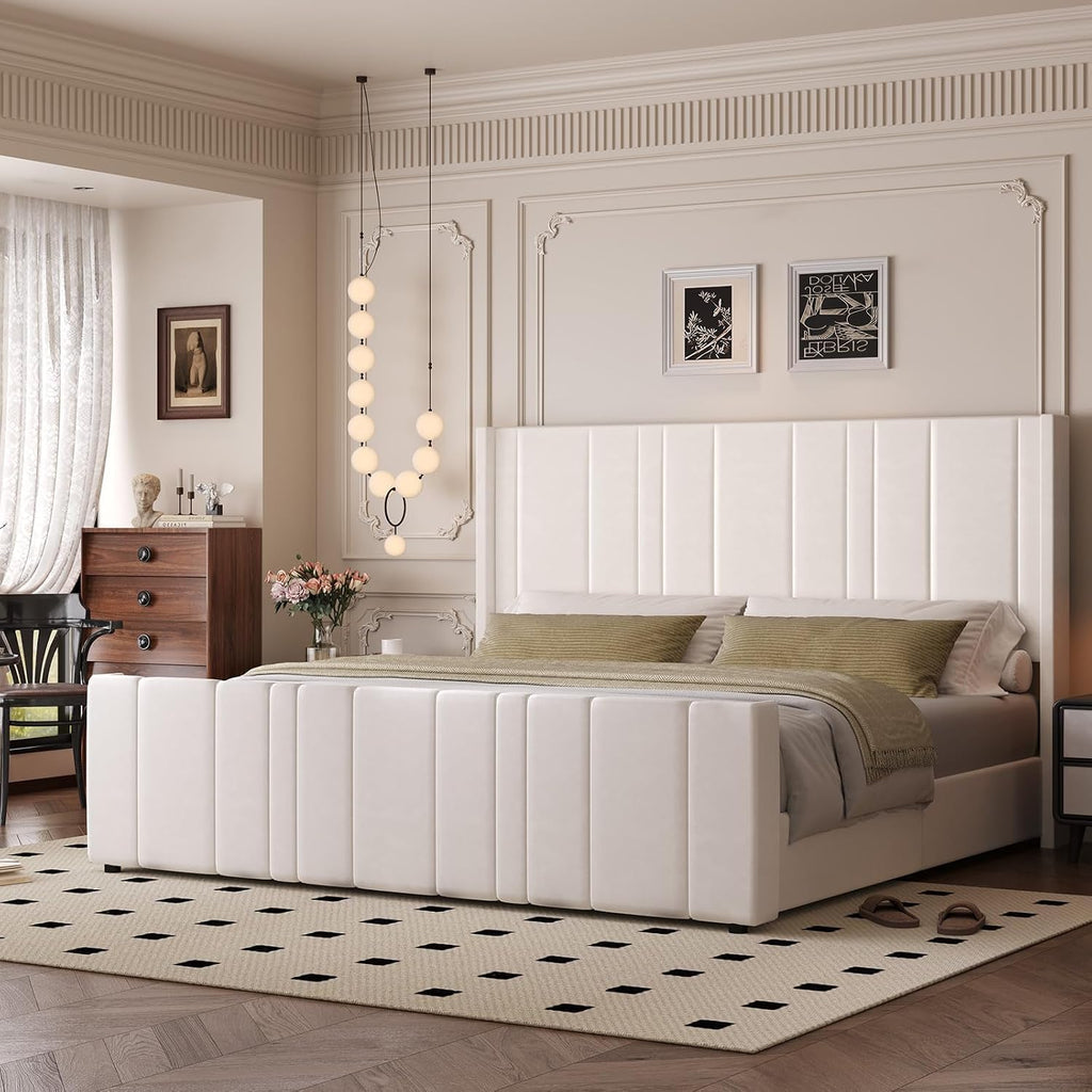 HOMBCK King Size Bed Frame, King Bed Frame with Vertical Channel Tufted Wingback Headboard & Footboard, Soft Upholstered Bed, Noise Free, Easy Assembly, Off White