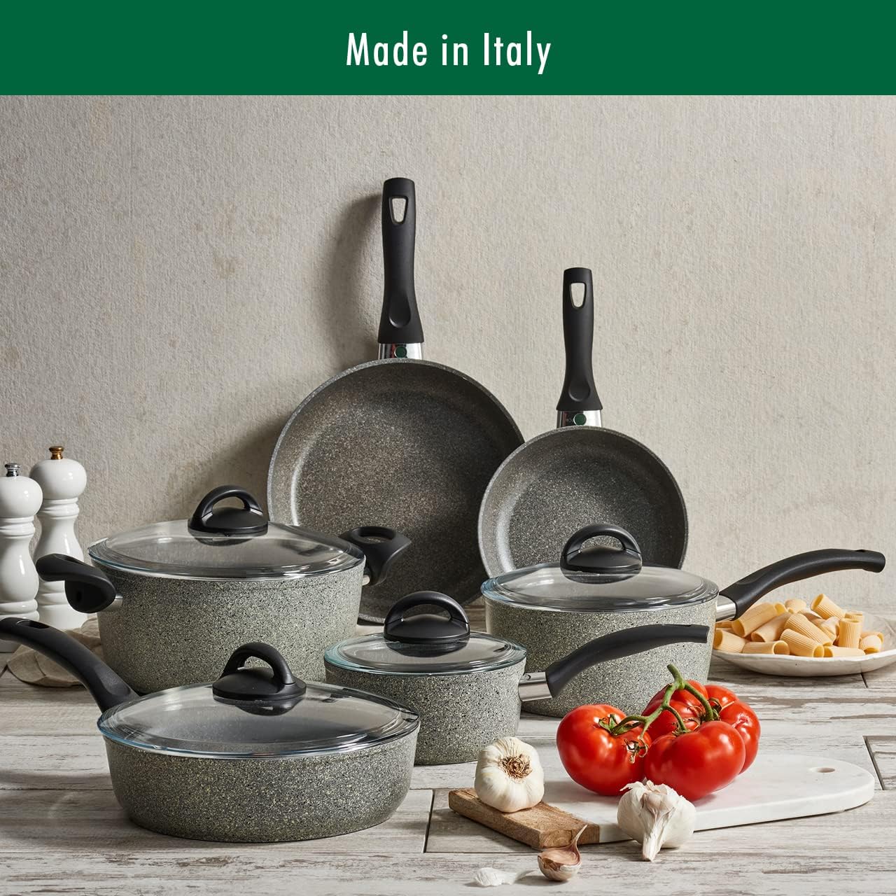 Ballarini 75001-652 Parma Forged Aluminum Nonstick Cookware Set, 10-Piece, Granite