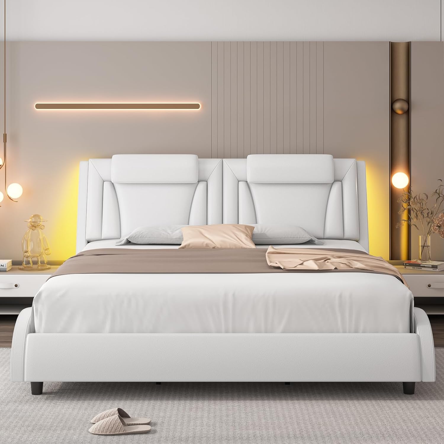 Keyluv Queen Size LED Bed Frame with Adjustable Headboard & Removable Pillow, PU Leather Upholstered Platform Bed, Wave-Like Curve Safety Design, Solid Wooden Slats Support, Easy Assembly, White