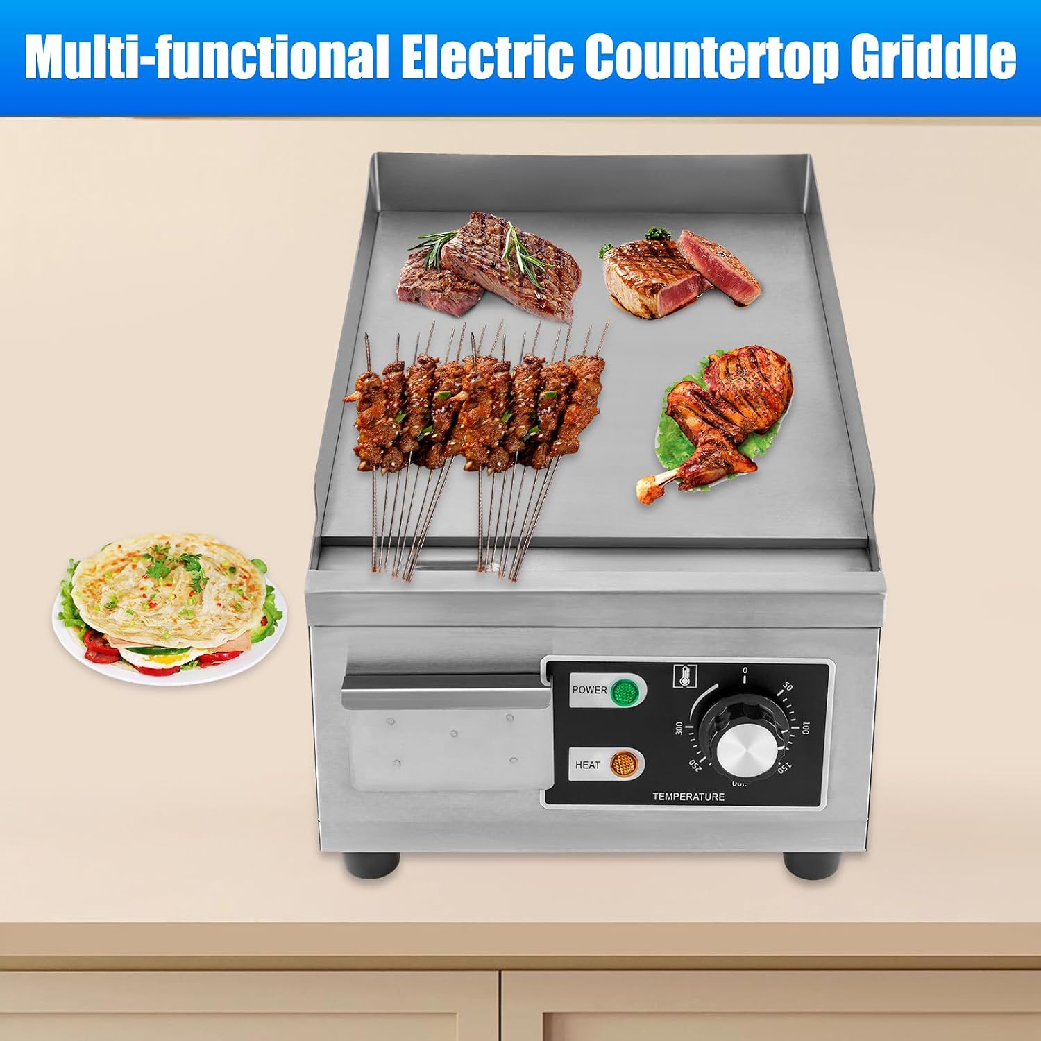 Commercial Griddle, Countertop Griddle Non-Stick, Stainless Steel Electric Flat Top Grill for Restaurant Kitchen, 110V 1300W