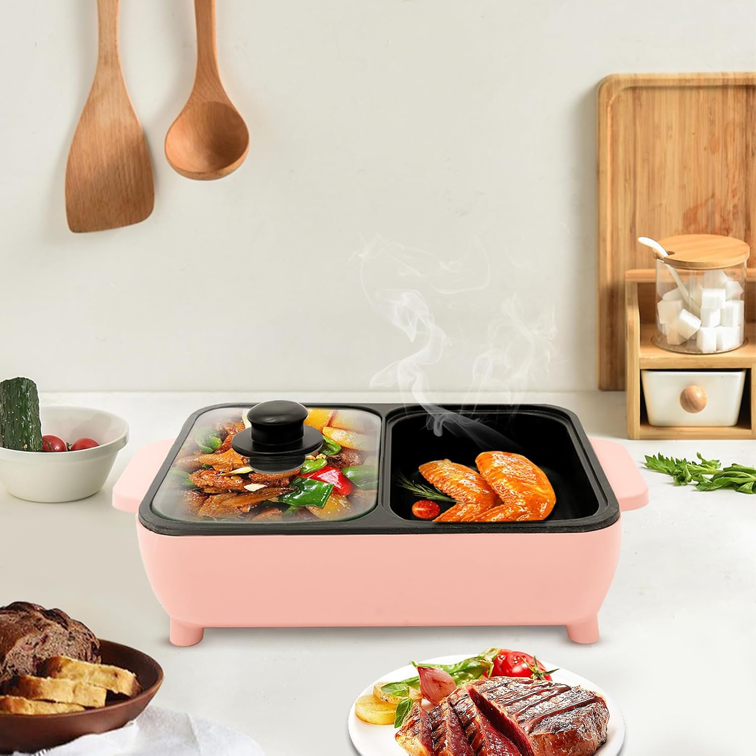 Electric Grill Hot Pot 2 In 1, Multifunctional Smokeless Grill Indoor Teppanyaki Grill/Shabu Pot Separate Dual Temperature Contral, Non-Stick Pan BBQ Capacity for 1-42 People