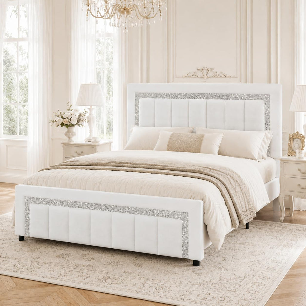 HOMBCK Bed Frame Queen Size with Diamond Headboard, Velvet Upholstered Platform Bed with Headboard and Footboard, Wooden Slats Support, No Box Spring Needed, Easy Assembly, White
