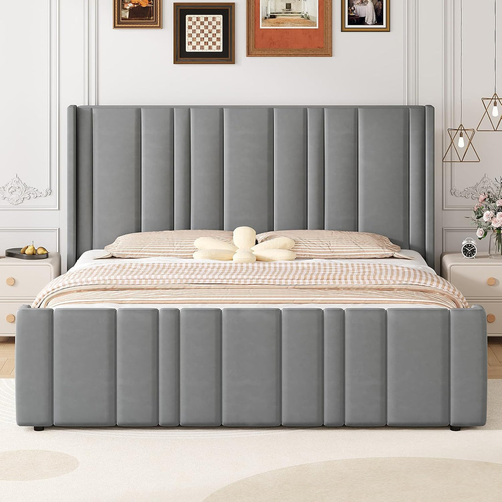 King Size Bed Frame and Headboard, Modern Velvet Upholstered Bed Frame with Vertical Channel Tufted Headboard & Footboard, Soft Bed Frame King, Noise Free, No Box Spring Needed, Easy Assembly, Grey