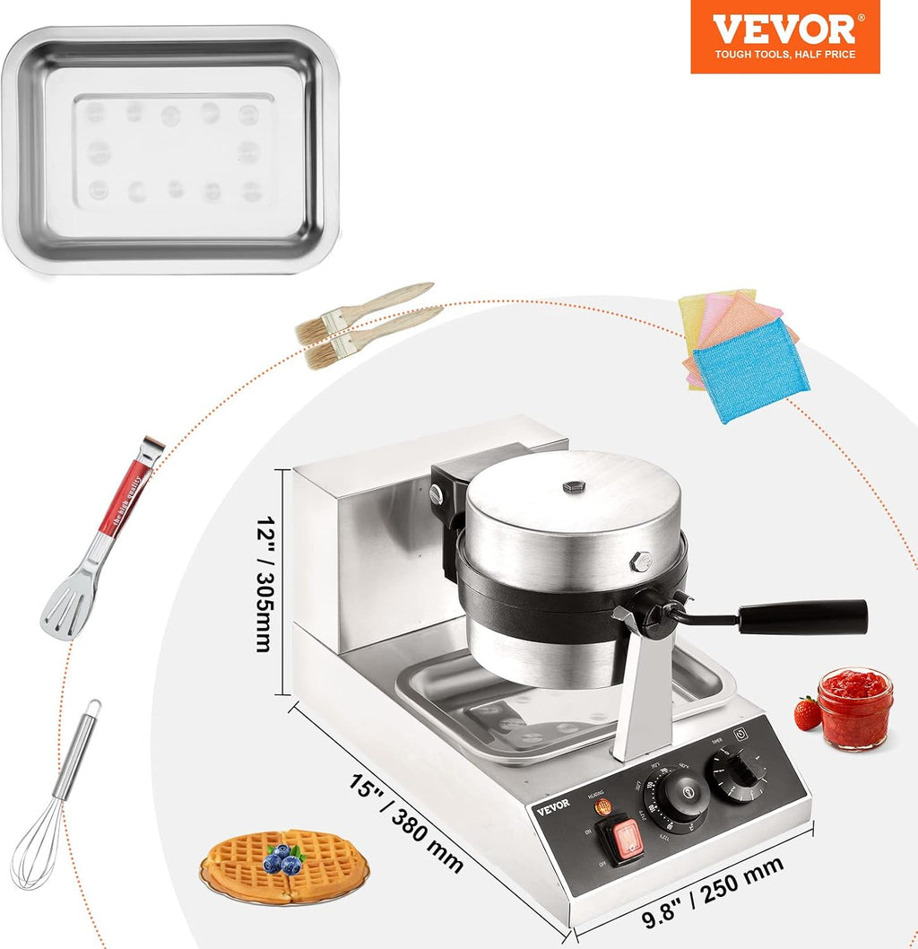 VEVOR Commercial Waffle Maker, 1300W Round Waffle Iron, Non-Stick Rotatable Waffle Baker Machine With 122-572℉ Temp Range and Time Control, Teflon-Coated Baking Pan Stainless Steel Body 110V
