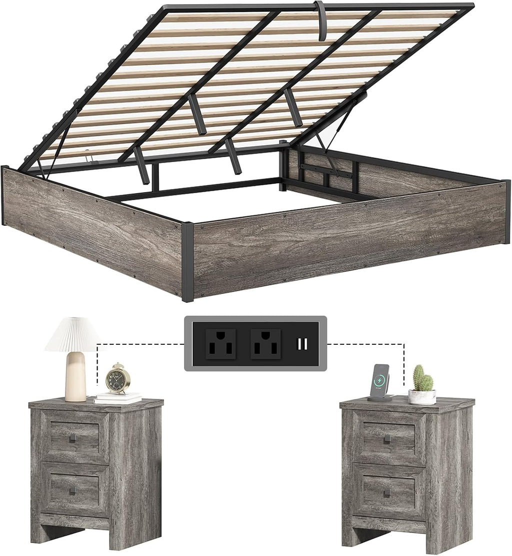 LUXOAK 3 Pieces Bedroom Sets, Includes King Size Lift Up Storage Platform Bed Frame, 2 Drawers Farmhouse Nightstand Set of 2 with Charging Station, No Box Spring Needed, Rustic Grey