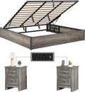 LUXOAK 3 Pieces Bedroom Sets, Includes King Size Lift Up Storage Platform Bed Frame, 2 Drawers Farmhouse Nightstand Set of 2 with Charging Station, No Box Spring Needed, Rustic Grey