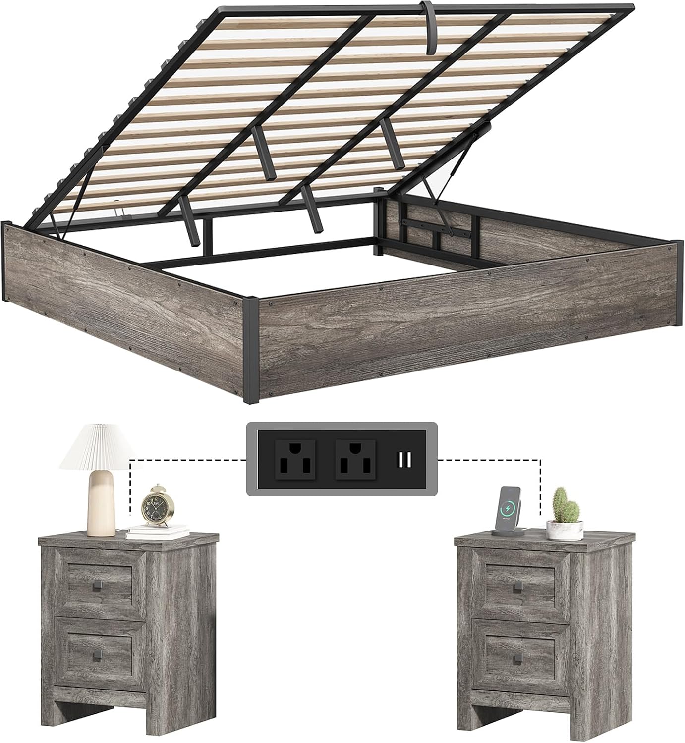 LUXOAK 3 Pieces Bedroom Sets, Includes King Size Lift Up Storage Platform Bed Frame, 2 Drawers Farmhouse Nightstand Set of 2 with Charging Station, No Box Spring Needed, Rustic Grey