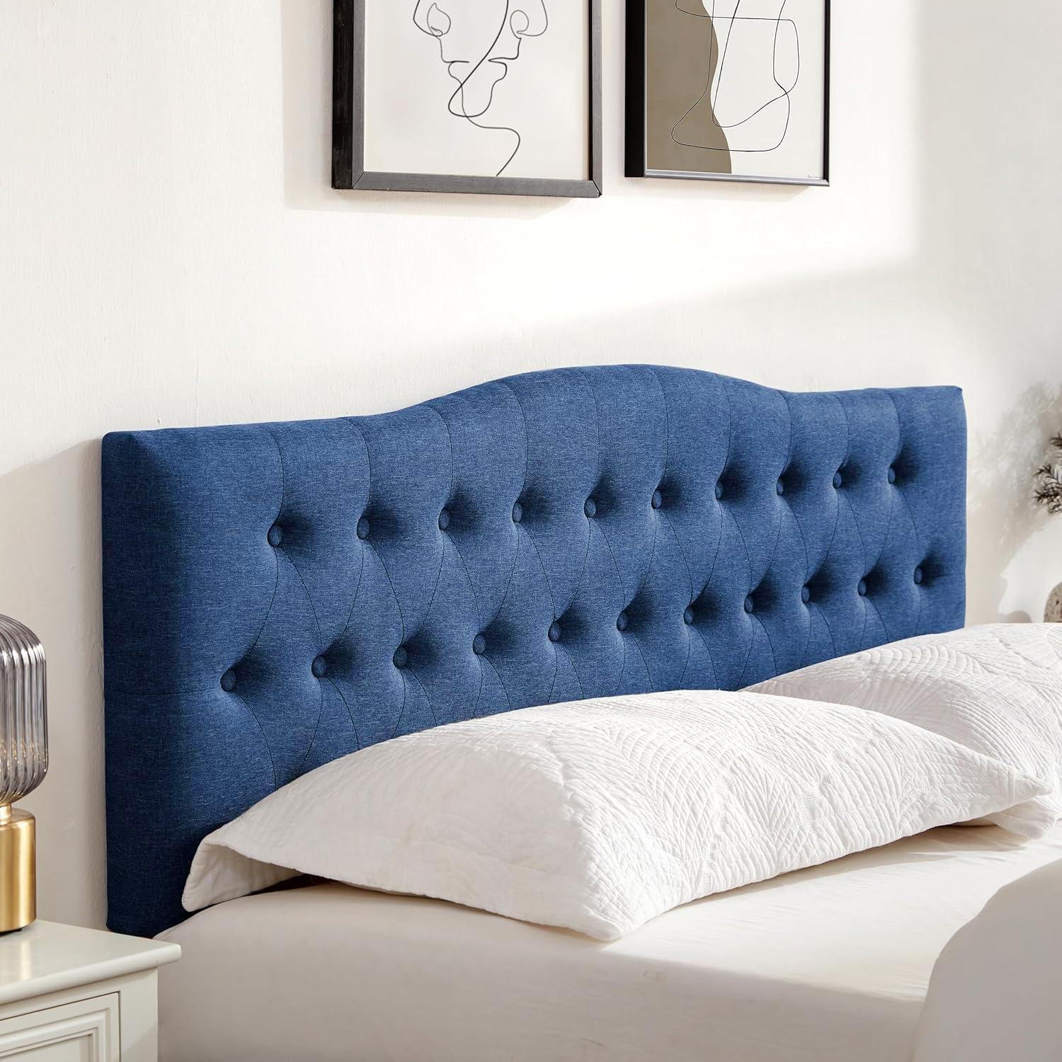 Huatean Home Tufted Upholstered Headboard King Size, Sturdy & Durable Solid Wood Bed headboard, Fabric Headboard Adjustable Height from 37' to 51', Modern Button Diamond Design Head Board, Blue