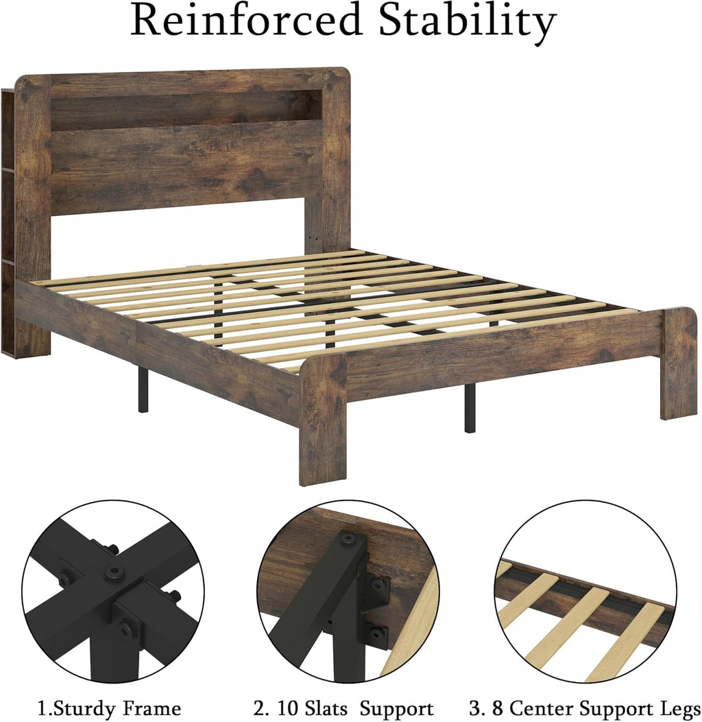 Bellemave Rustic Vintage Full Size Bed Frame with Bookshelves,Storage Headboard and Charging Station,Wooden Platform Bed Frame Full Size with LED Lights and Wood Slats,Easy Assembly,Dark Brown