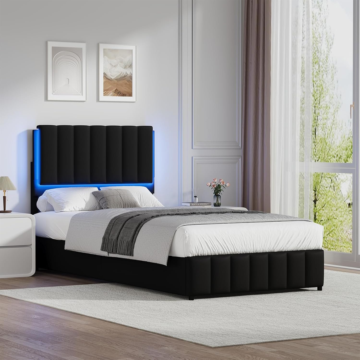 REVOMINCA Twin Upholstered Bed Frame with LED Lights, Faux Leather Platform Bed with Headboard and Wooden Slats Support, No Box Spring Needed, Noise-Free, Easy Assembly, Black
