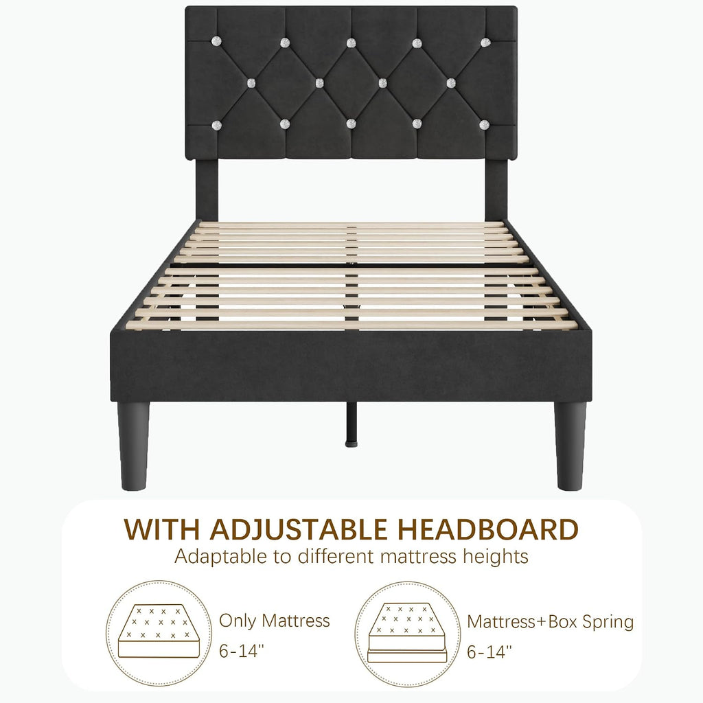 VECELO Twin Size Bed Frame, Upholstered Platform with Adjustable Diamond Tufted Headboard, Wood Slat Support, No Box Spring Needed, Velvet & Black