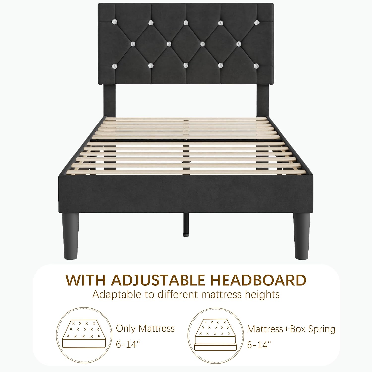 VECELO Twin Size Bed Frame, Upholstered Platform with Adjustable Diamond Tufted Headboard, Wood Slat Support, No Box Spring Needed, Velvet & Black