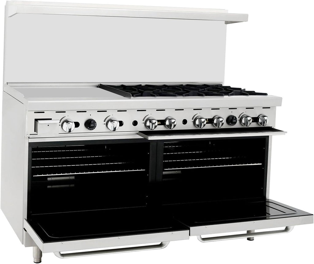 Atosa AGR Commercial Gas Range, 60' Gas Range, (6) Burners (Left) w/ 24' Griddle Top (Right), (2) Standard Ovens, Propane Gas (AGR-6B24GR-LP)