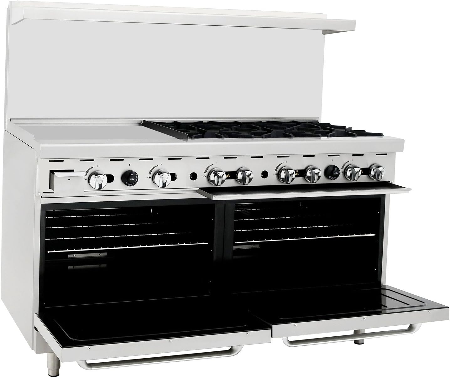 Atosa CookRite AGR-6B24GR-NG 60' Combination Gas Range with 24' Right-Sided Griddle Top, 6 Burners and 2 Full-Sized Oven | 60'W x 31'D x 57 3/8'H, Stainless Steel, 294,00 BTU, Natural Gas (NG)