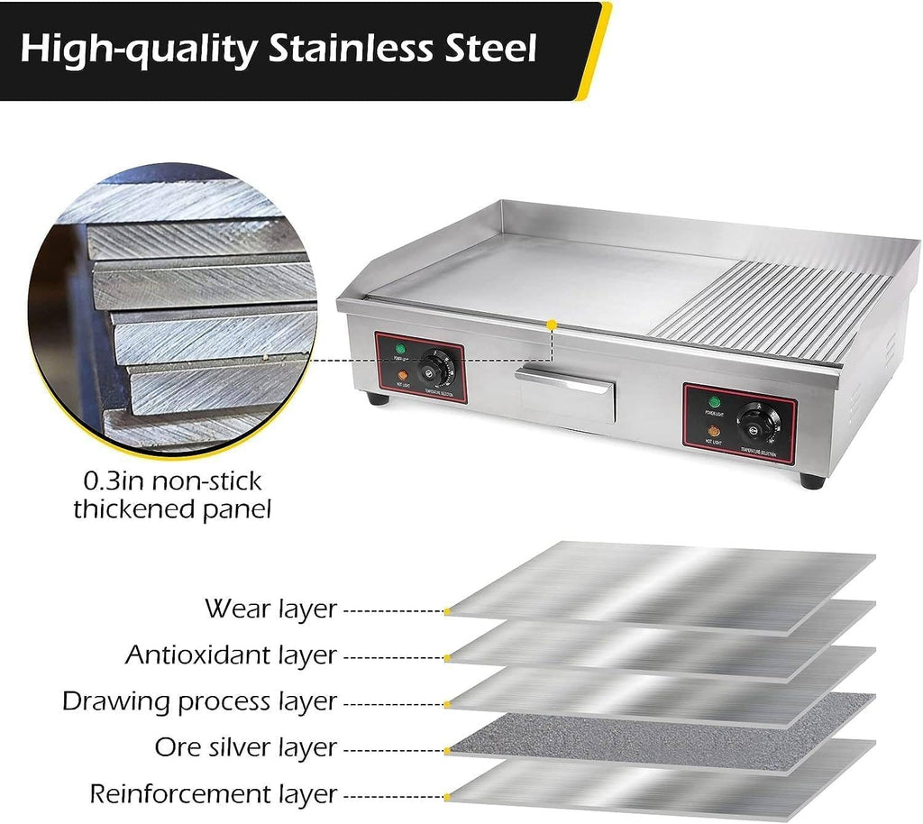 Commercial Electric Griddle Hot Cooking Plate, Commercial Stainless Steel Adjustable Countertop Hot Plate BBQ Grill, 220-240V 4400W Efficient (820)